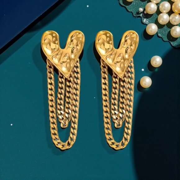 🆕️ Heart Tassel Earrings 💖 Trendy Chain Statement Jewelry 18K Gold Plated - Picture 7 of 12